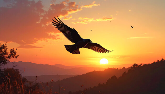 Majestic eagle soaring over misty mountains at sunset