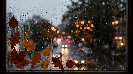Autumn maple leaves attached to a window pane during a rainy day with droplets seasonal reflection melancholy falltime november