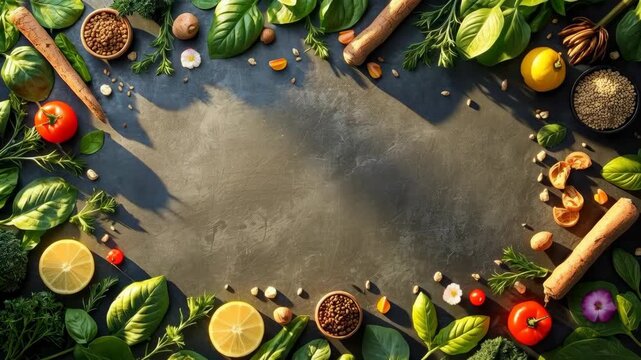 Fresh Vegetable Herb Spice Border on Rustic Stone with Citrus Ingredients