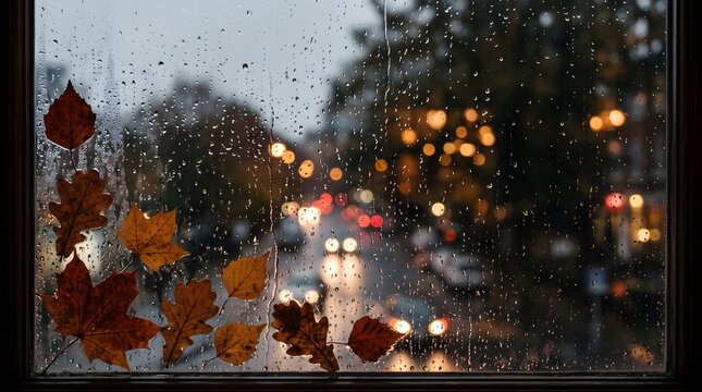 Autumn maple leaves attached to a window pane during a rainy day with droplets seasonal reflection melancholy falltime november