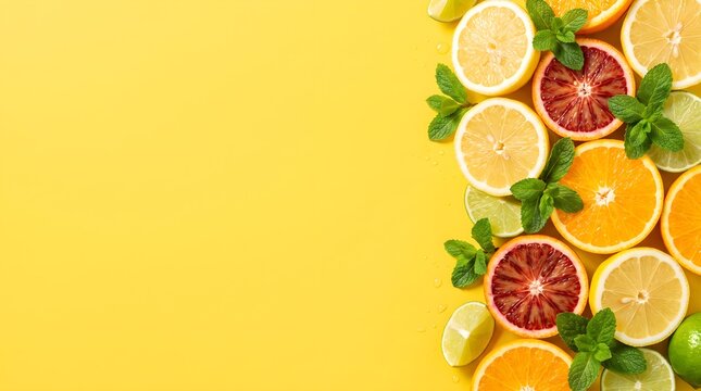 Variety of fresh sliced citrus fruits and mint leaves on a yellow background with background refreshing tropical nutrition colorful ingredient