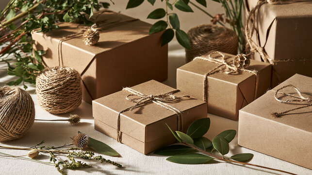 Eco friendly craft paper gift boxes with twine string decor   