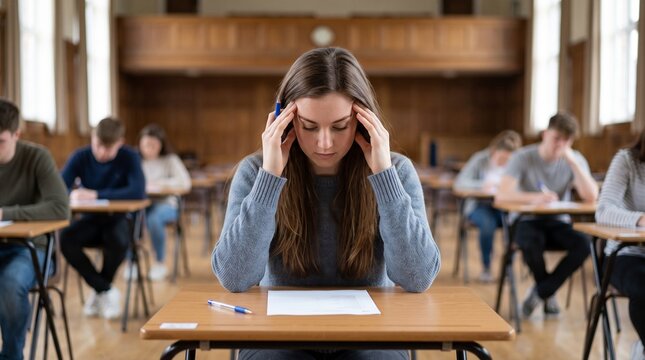 Stressed Student Feeling Overwhelmed While Taking A Difficult Academic Exam In The Classroom