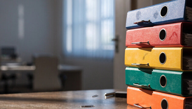Stack of colorful office binder, sunlight shining on desk, organized workspace, modern office interior, paperwork management, calm and productive atmosphere