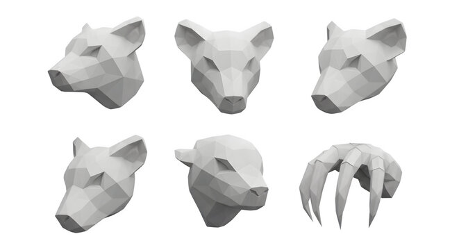 Set of geometric low poly paper style animal head sculptures and a claw isolated on a clean white transparent background for creative design