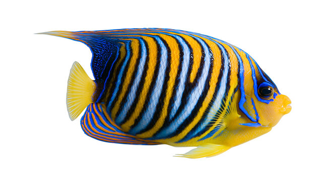 Vibrant blue and yellow striped emperor angelfish with intricate patterns