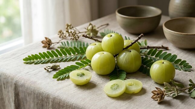 Fresh green amla fruits with leaves on a kitchen table for a healthy diet and natural living style. Aamla nutrition facts