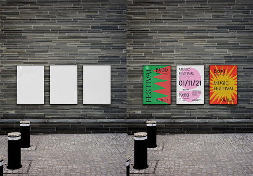 Mockup Of Five Customizable Vertical Posters On Oslo Street Wall