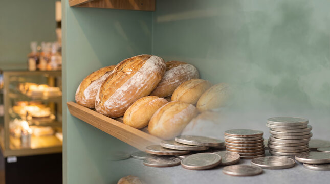 Expensive grocery price with bread and coin display. Financial inflation crisis. supermarket retail shopping purchase, cost bill spending increase rise, client budget
