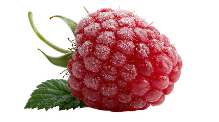 Fresh ripe red raspberry with sugar crystals and green leaf © Alaric