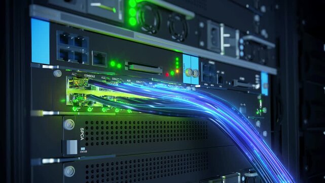Fiber optic data transmission, network data transmission, close-up of network hardware with glowing blue data streams flow from console ports, with status indicators in a high-tech server environment.