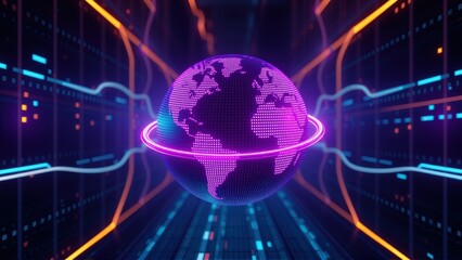 Fototapeta premium Digital globe surrounded by glowing lines, futuristic tunnel effect. Dark background emphasizes vibrant colors, technology focus.