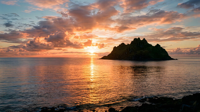 Dramatic sunset over the ocean with a silhouetted island in the distance