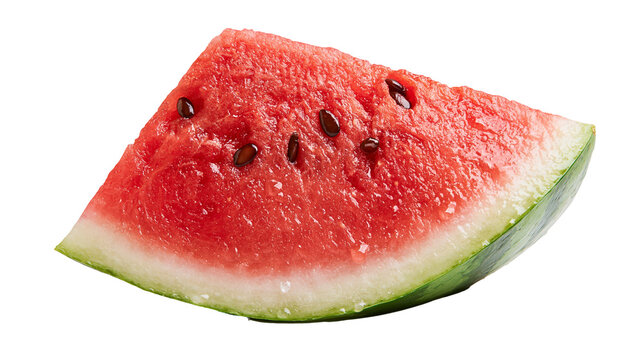 Fresh juicy triangular slice of ripe red watermelon with black seeds and rind