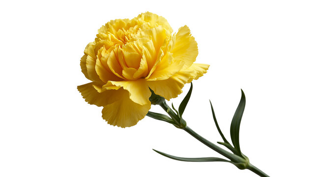 Single vibrant yellow carnation flower with green stem and serrated petals
