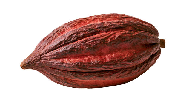 Ripe red cocoa pod with textured skin and longitudinal ridges