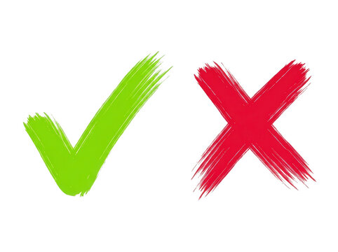 Hand drawn green check mark and red cross sign isolated on white background