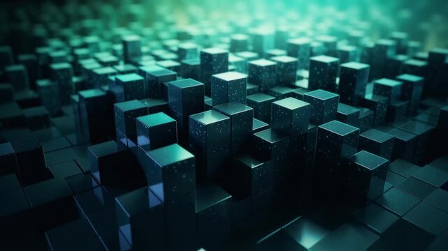 Abstract geometric landscape of glowing teal cubes in motion