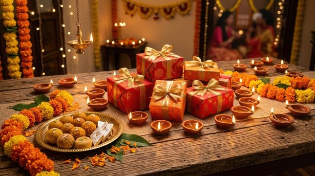 Diwali festival celebration with gifts and sweets , Diwali, Kali Puja, Indian Festival, Lakshmi
