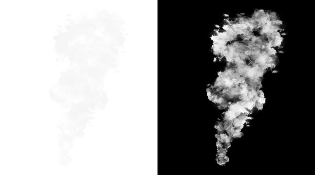 Realistic white smoke plume on black and white backgrounds, atmospheric steam cloud design element for VFX, isolated smoke trail for compositing