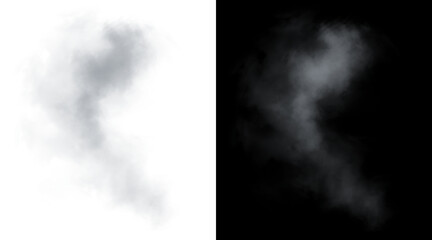 Naklejka premium Atmospheric smoke and cloud textures, realistic white vapor on black background, dark mist element on white, ethereal fog for photo overlays