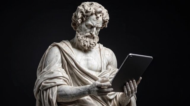 Ancient philosopher statue holding a modern tablet computer on a dark background, blending history with technology