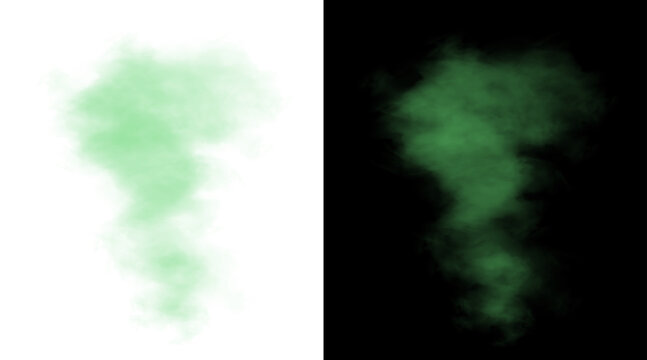 Green smoke cloud illustration, toxic gas vapor effect on white and black backgrounds, atmospheric green mist texture, ethereal magic smoke puff