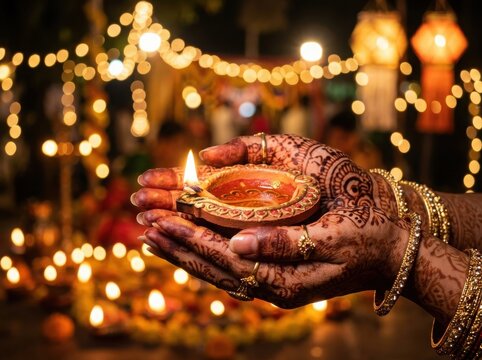 Beautiful hands holding diya lamp , Diwali, Kali Puja, Indian Festival, Lakshmi