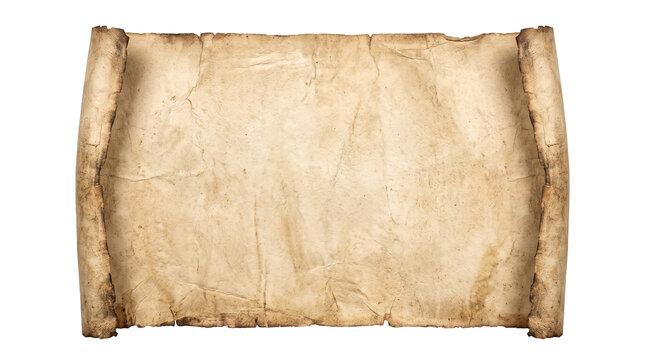 Horizontal Medieval Parchment Scroll with Curled Edges Isolated on Black Background, Aged Weathered Paper Texture for Fantasy Game UI, Historical Treasure Map or Ancient Document Design