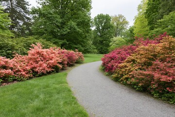 Obraz premium The Serene Garden Path Among Vibrant Azalea Bushes in Spring Park