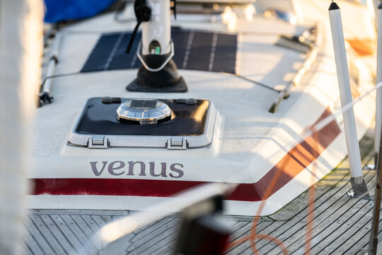 Gothenburg, Sweden - december 31 2025: Sailboat deck detail with solar panel and equipment.