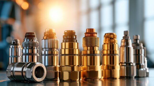A detailed image showing an array of various hydraulic quick-connect couplings used in industrial fluid transfer applications and machinery connections.
