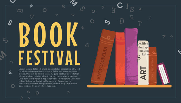 Book festival poster with colorful books on shelf and floating letters in flat vector style