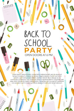 Back to school party flyer with stationery border in flat vector style