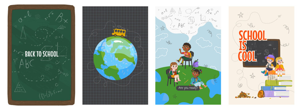 Back to school poster collection with chalkboard globe children and books in flat vector style