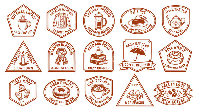 Cozy coffee badge vector collection. Autumn coffee sweater scarf print. Warm hygge label t-shirt design. Vintage linocut cozy quote emblem.