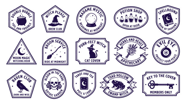 Vintage witch badge vector collection. Halloween emblem print cauldron potion tarot. Gothic witch label print bundle. Spooky badge quote t-shirt design packs