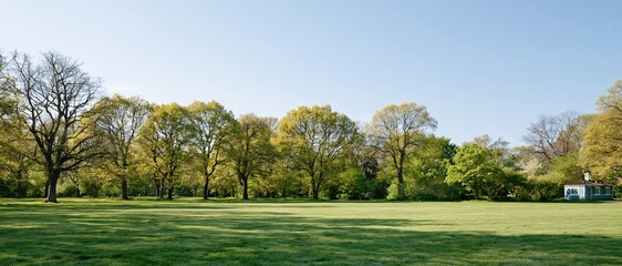 Obraz premium Wide view of a green lawn in a public park with trees and a small pavilion under a clear blue sky during early spring