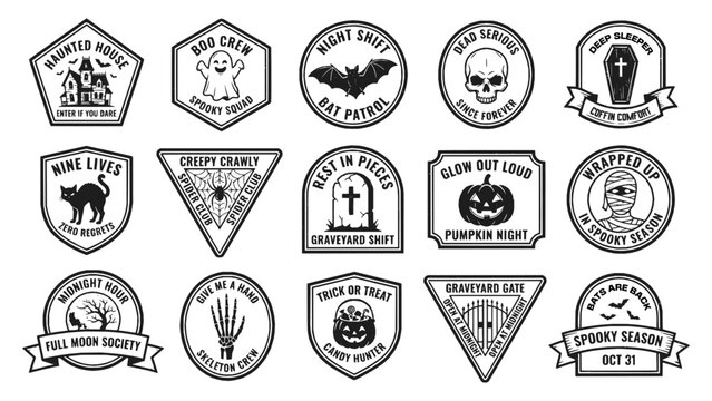 Halloween spooky badge vector collection. Spooky haunted ghost skull print. Halloween gothic emblem t-shirt design. Vintage horror quote label set