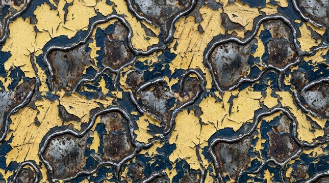 Seamless abstract background of peeling yellow paint on rusty metal