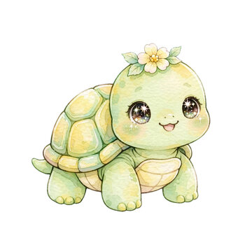 Kawaii Watercolor Baby Turtle With Flower On Head Cute Illustration
