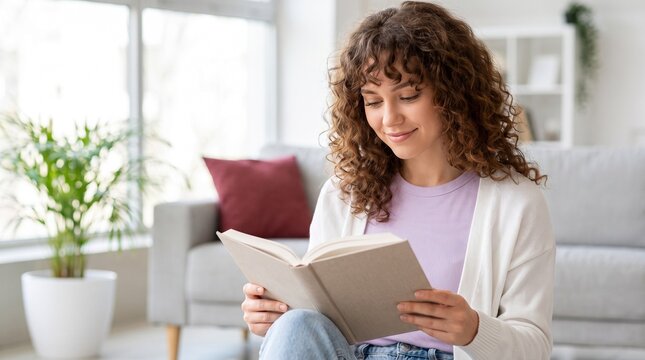 Young Woman With Curly Hair Sitting Comfortably at Home While Reading an Engaging Story Book