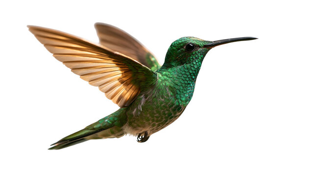 Vibrant green hummingbird in flight with spread wings and iridescent feathers