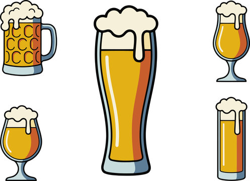 Collection of beer glasses and mugs filled with golden beer and foam, featuring a clean hand-drawn style for brewery, pub, Oktoberfest, party, and beverage designs.