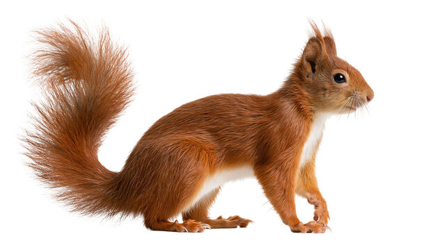 Red squirrel with bushy tail standing in profile