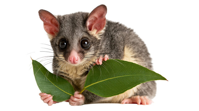 Small Australian common brushtail possum holding green eucalyptus leaves