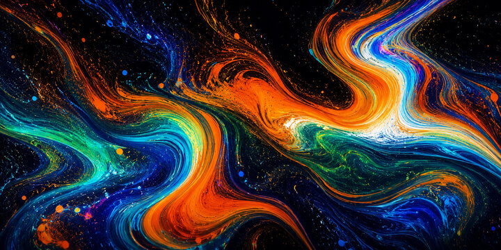 Vibrant Abstract Fluid Acrylic Paint Swirls in Cosmic Space with Particles