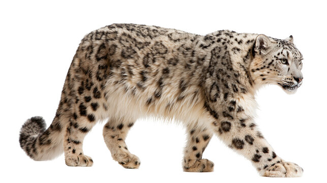 Full body side view of a majestic snow leopard walking with spotted fur pattern