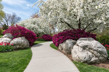 Obraz premium The Winding Garden Path Through Blooming White Trees and Magenta Azaleas