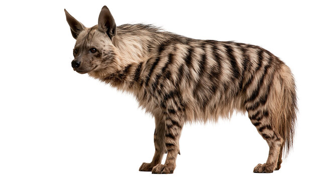 Striped hyena standing in profile with thick fur and dark vertical body stripes